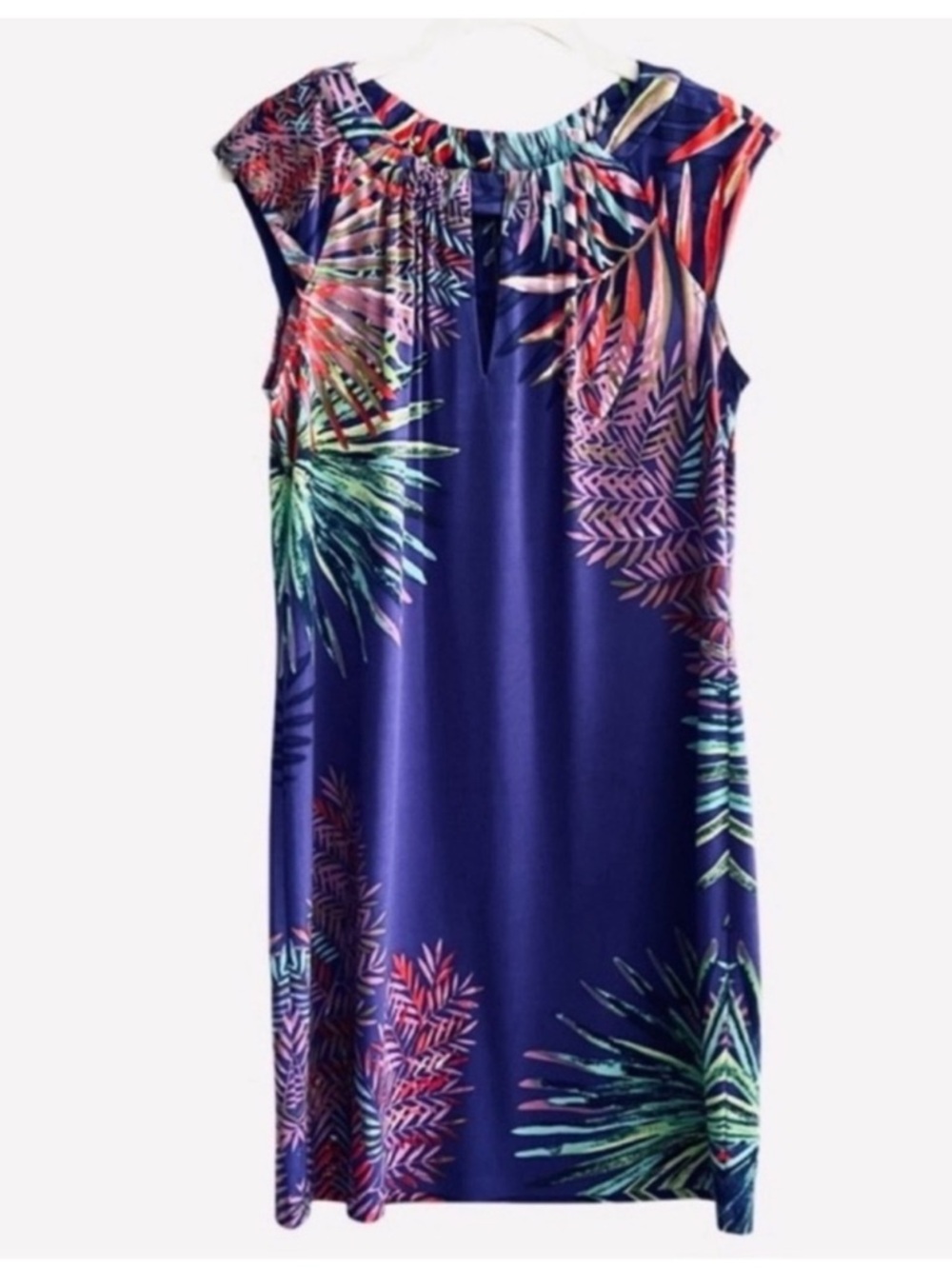 Maggy L Tropical Print Dress Cap Sleeve Jersey Blue Purple Green Orange Size 6